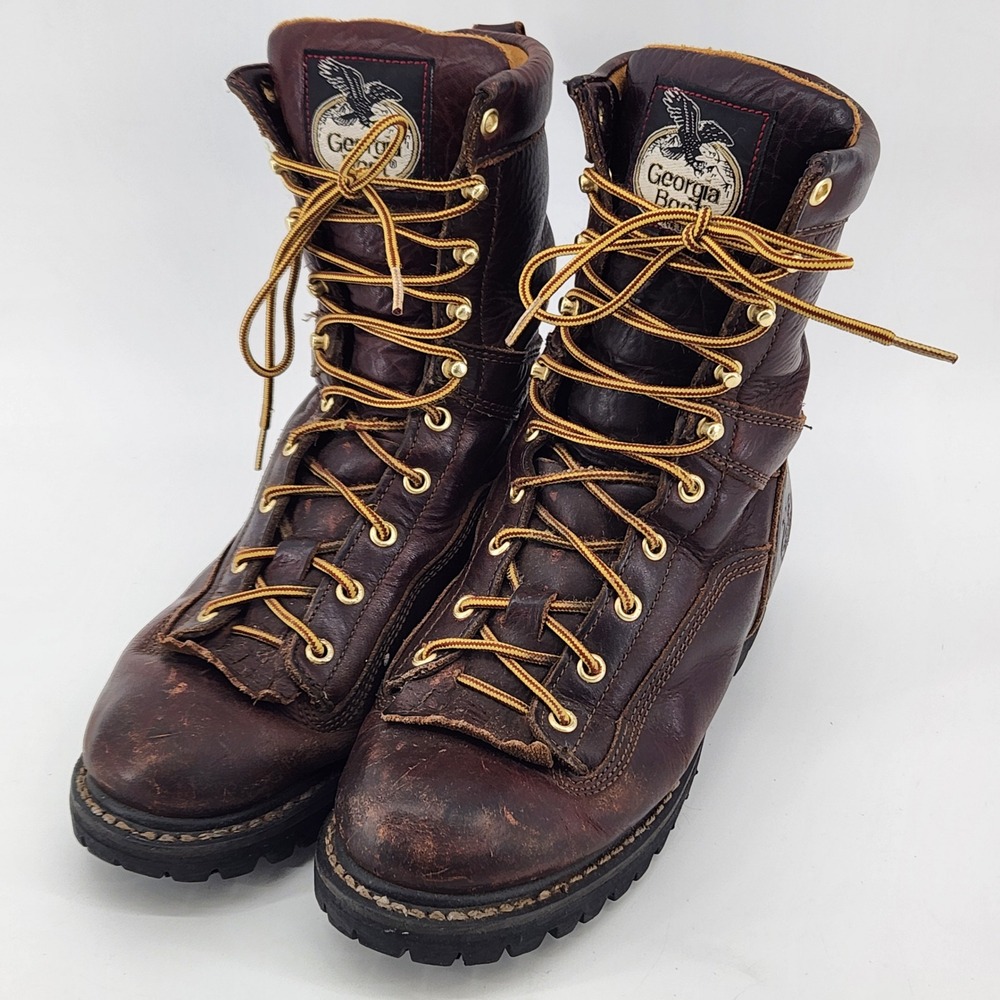 Georgia Boot Heritage Logger Boots Mens 7M‎ Brown Leather Vibram Sole Work USA